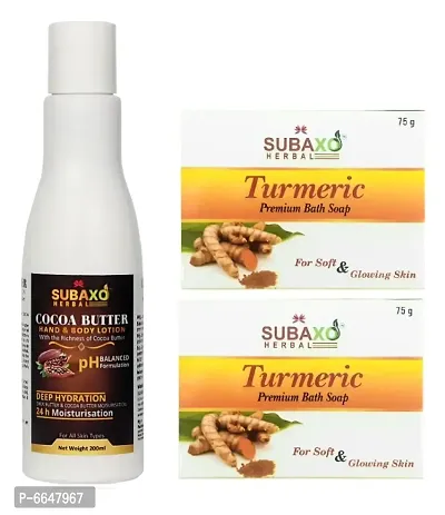 Subaxo Herbal cocoa Butter Body Lotion 200 ml and Turmeric premium Bath Soap 2 Pc each 75 G-thumb0