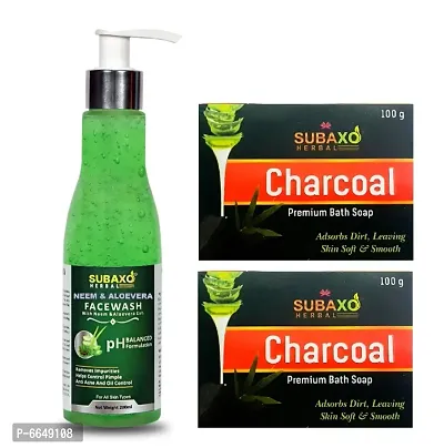 Subaxo Herbal Neem and Aloevera Face Wash 200 ml and Charcoal Premium Bath Soap 2 Pc Each 100 G-thumb0