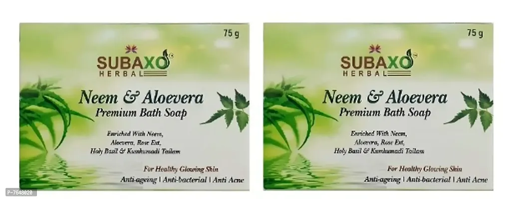 SUBAXO Neem  Aloevera Bath Soap | Premium Bath Soap for Glowing Skin | Anti Acne  Pimple Fighting Soap (75g Each , Pack Of 2)-thumb0