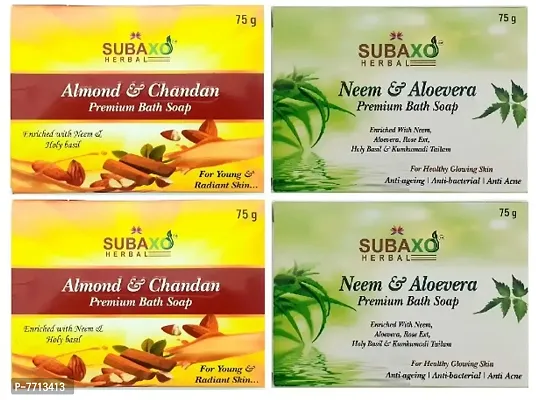 SUBAXO Almond  Chandan Bath Soap | Premium Bath Soap for Young  Radiant Skin 2 Pc  Neem/Aloevera Soap 2 Pc Each 75 G