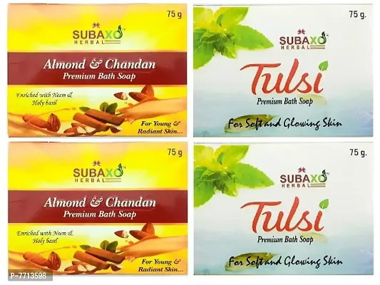 SUBAXO Almond  Chandan Bath Soap | Premium Bath Soap for Young  Radiant Skin 2 Pc  Tulsi Soap 2 Pc Each 75 G-thumb0