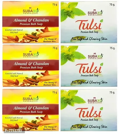 SUBAXO Almond  Chandan Bath Soap | Premium Bath Soap for Young  Radiant Skin 3 Pc  Tulsi Soap 3 Pc Each 75 G