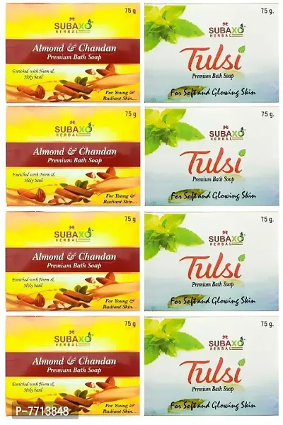 SUBAXO Almond  Chandan Bath Soap | Premium Bath Soap for Young  Radiant Skin 4 Pc  Tulsi Soap 4 Pc Each 75 G