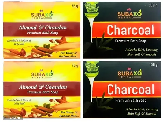 SUBAXO Almond  Chandan Bath Soap | Premium Bath Soap for Young  Radiant Skin 2 Pc Each 75 G  Charcoal Soap 2 Pc Each 100 G
