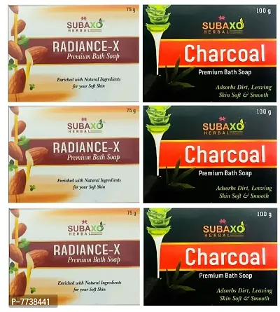 SUBAXO Radiance-x Bath Soap | Premium Bath Soap for Soft  Glowing Skin 3 Pc Each 75 G  Charcoal Soap 3 Pc Each 100 G