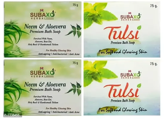 SUBAXO Neem  Aloevera Bath Soap | Premium Bath Soap for Glowing Skin | Anti Acne  Pimple Fighting Soap 2 Pc  Tulsi Soap 2 Pc Each 75 G-thumb0