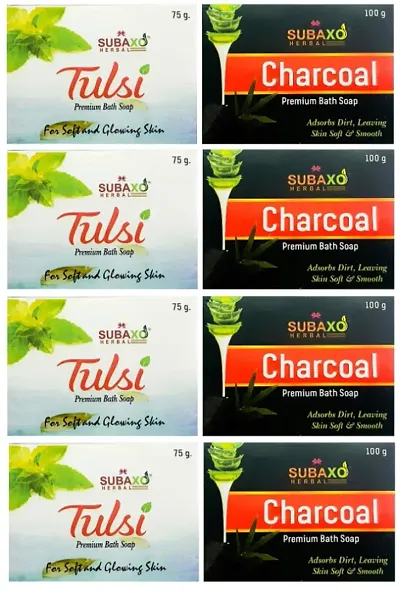 SUBAXO Tulsi Bath Soap | Premium Bath Soap for Glowing Skin 4 Pc Each 75 G  Charcoal Soap 4 Pc Each 100 G