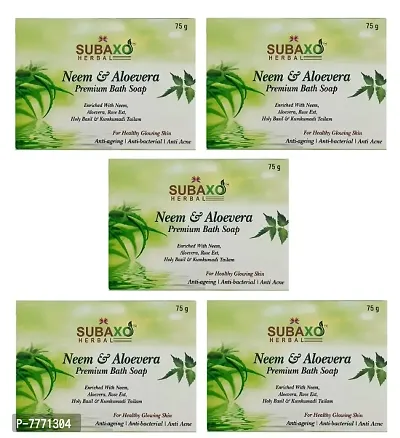 SUBAXO Neem  Aloevera Bath Soap | Premium Bath Soap for Glowing Skin | Anti Acne  Pimple Fighting Soap (75g Each , Pack Of 5)-thumb0