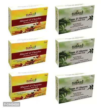 Subaxo Herbal Natural Almond Chandan Soap For Young  Radiant Skin  Neem  Aloevera Soap for Healthy Skin ,6 Pc Each 75 G-thumb0