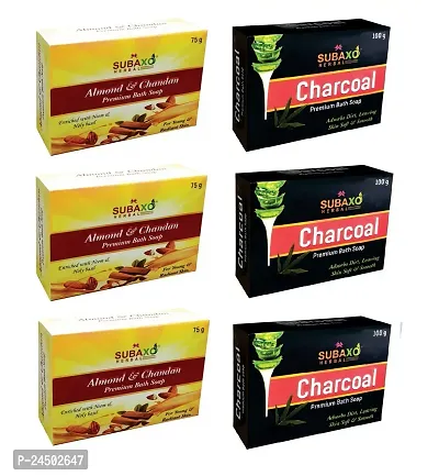 Subaxo Herbal Almond Chandan Soap Younger Looking  Glowing Skin   Charcoal Soap |Removes Impurities | Paraben  Sulphate Free| 3 Pc Each 100 g-thumb0