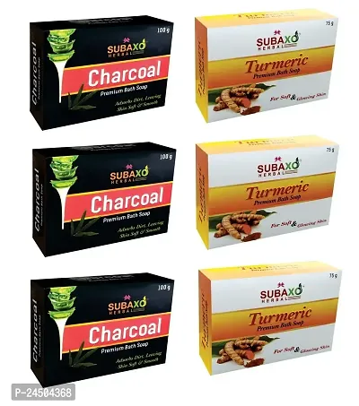 Subaxo Herbal Charcoal Soap |Removes Impurities | Paraben  Sulphate Free| All Skin Types  3 Pc Each 100 G  Turmeric Beauty Soap ,3 Pc Each 75G