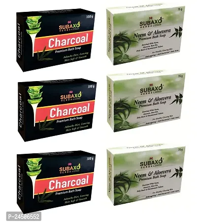 Subaxo Herbal Charcoal Soap ,Deep Pore Cleansing, Whitening ,Brightening Soap ,3 Pc Each 100 G  Neem and Aloevera Soap | Natural Antiseptic Soap ,3 Pc Each 75 G-thumb0