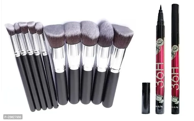 Synthetic Makeup Brush Set (black)  (Pack of 10) and 36H waterproof Eyeliner Pack of 2