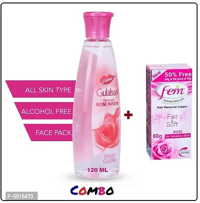 Dabur Gulabari Rose Water, 100% Natural, 120 ml & Fem Fairness Naturals Fair and Soft Hair Removal Cream 60 g (40 g +20 g Extra) – Combo Pack