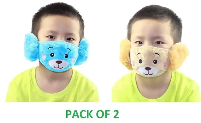 PRIONSA Plush Warm Winter Earmuff Masks For Kids - Random Designs - Pack of 2 - Blue and Brown