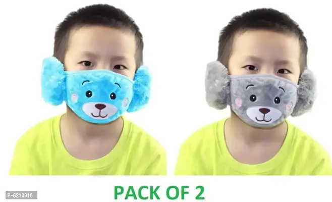 PRIONSA Plush Warm Winter Earmuff Masks For Kids -  - Random Designs - Pack of 2 - Blue and Grey-thumb0