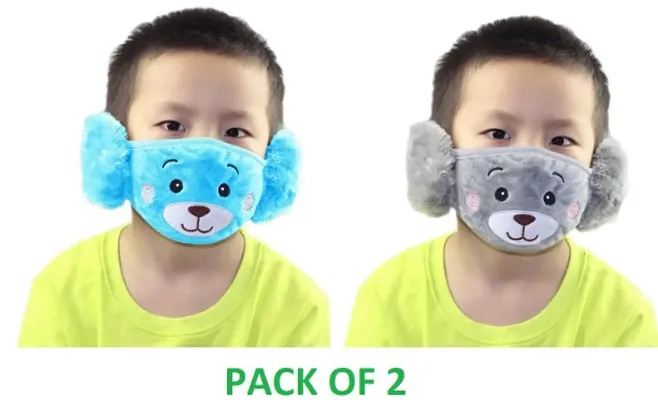 PRIONSA Plush Warm Winter Earmuff Masks For Kids -  - Random Designs - Pack of 2 - Blue and Grey