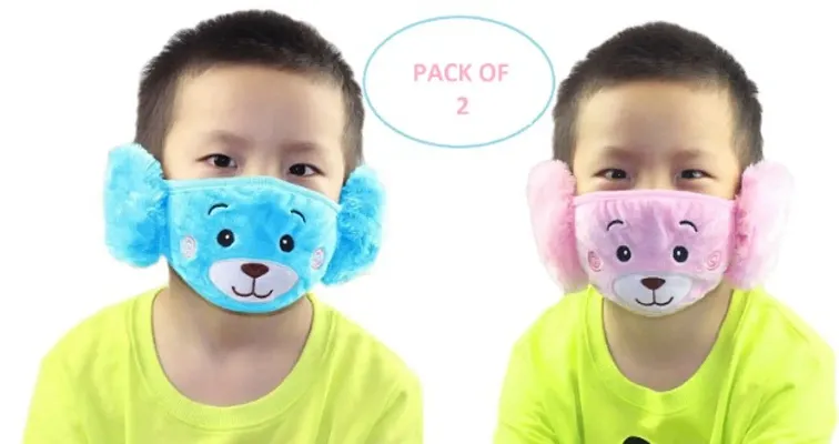 PRIONSA Plush Warm Winter Earmuff Masks For Kids -  - Random Designs - Pack of 2 - Blue and Pink