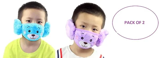 PRIONSA Plush Warm Winter Earmuff Masks For Kids -  - Random Designs - Pack of 2 - Blue and Purple