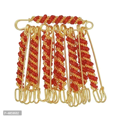 Gold Plated Plated Brass Wired Red Beads Set of 12 Saree Dupatta Ethnic Traditional Clip on safety pins for Women-thumb0