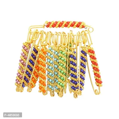 Gold Plated Beaded Assorted Colours Dupatta pin Pallu saree pin Women safety pin (Pack of 12 Pins)-thumb0