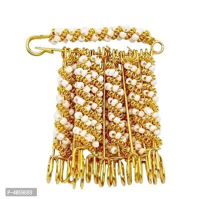 Gold Plated White Beaded Gold Plated Brass Wired Set of 12 Saree Dupatta Ethnic Traditional Clip on safety pins for Women