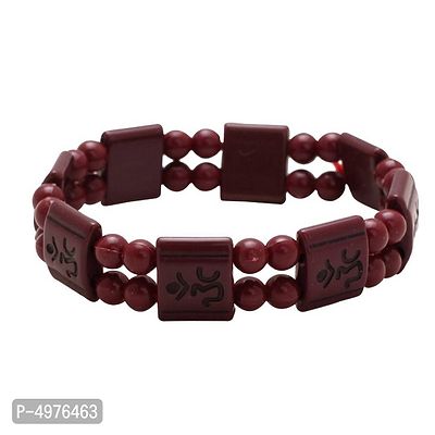 Wooden Om Engraved Square and Round Ball Beaded Maroon Colour Stretch Bracelet for Men and Women-thumb0