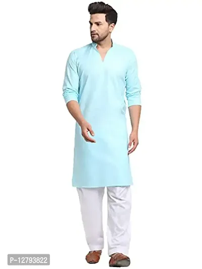 Bontestitch Men's Cotton Blend Regular Fit Knee Length Kurta Pajama Set | Readymade Kurta Pyjama Set for Men's (Aqua Blue, Size: S-36)