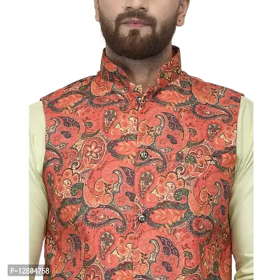 Bontestitch Men's Silk Blend Printed Designer Ethnic Nehru Jacket / Modi Jacket / Waistcoat (MT_ORNG, Size: S)-thumb5