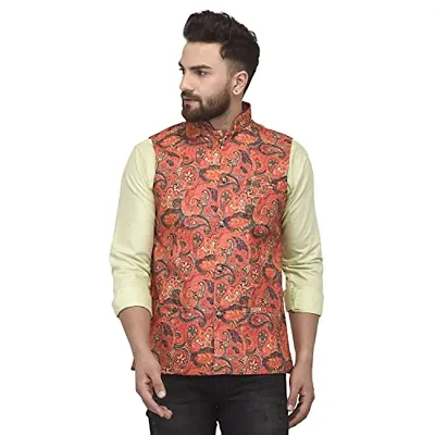 Bontestitch Men's Silk Blend Printed Designer Ethnic Nehru Jacket / Modi Jacket / Waistcoat (MT_ORNG, Size: S)