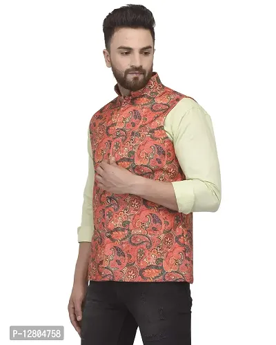 Bontestitch Men's Silk Blend Printed Designer Ethnic Nehru Jacket / Modi Jacket / Waistcoat (MT_ORNG, Size: S)-thumb4