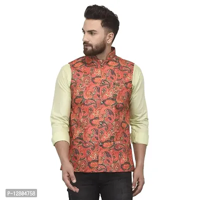 Bontestitch Men's Silk Blend Printed Designer Ethnic Nehru Jacket / Modi Jacket / Waistcoat (MT_ORNG, Size: S)-thumb0