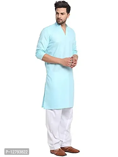 Bontestitch Men's Cotton Blend Regular Fit Knee Length Kurta Pajama Set | Readymade Kurta Pyjama Set for Men's (Aqua Blue, Size: S-36)-thumb3