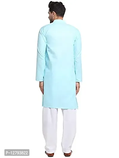 Bontestitch Men's Cotton Blend Regular Fit Knee Length Kurta Pajama Set | Readymade Kurta Pyjama Set for Men's (Aqua Blue, Size: S-36)-thumb2