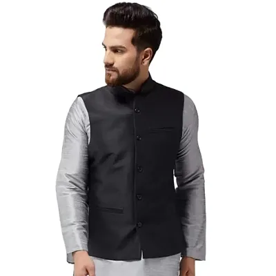 Bontestitch Men's Silk Blend Black Designer Ethnic Nehru Jacket / Modi Jacket / Waistcoat