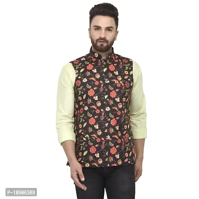 Bontebok Mens Silk Blend Printed Designer Ethnic Nehru Jacket / Modi Jacket / Waistcoat (BLACK_ROSE)-thumb0