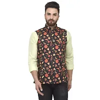 Bontebok Mens Silk Blend Printed Designer Ethnic Nehru Jacket / Modi Jacket / Waistcoat (BLACK_ROSE)-thumb1