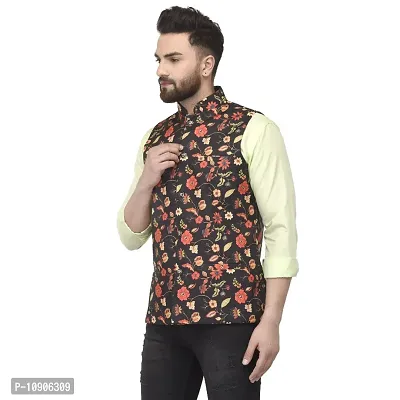 Bontebok Mens Silk Blend Printed Designer Ethnic Nehru Jacket / Modi Jacket / Waistcoat (BLACK_ROSE)-thumb3