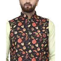 Bontebok Mens Silk Blend Printed Designer Ethnic Nehru Jacket / Modi Jacket / Waistcoat (BLACK_ROSE)-thumb4