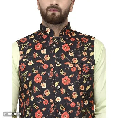 Bontebok Mens Silk Blend Printed Designer Ethnic Nehru Jacket / Modi Jacket / Waistcoat (BLACK_ROSE)-thumb5