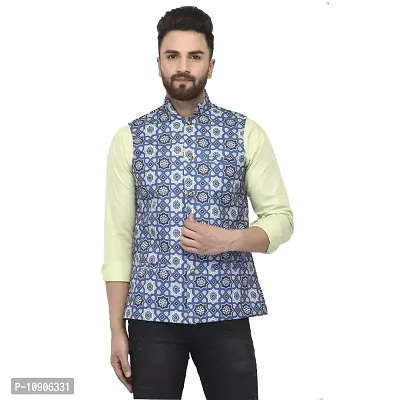 Bontebok Mens Silk Blend Printed Designer Ethnic Nehru Jacket / Modi Jacket / Waistcoat (BLUEBOX)-thumb0