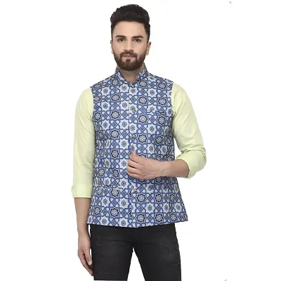 Bontebok Mens Silk Blend Printed Designer Ethnic Nehru Jacket / Modi Jacket / Waistcoat (BLUEBOX)