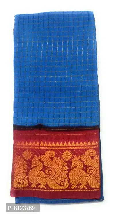 MADURAI SUNGUDI COTTON ZARI CHECKED - 6 YARDS (BLUE * ROSE)-thumb0