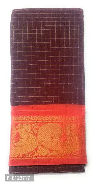 MADURAI SUNGUDI COTTON ZARI CHECKED - 6 YARDS (BROWN * ORANGE)-thumb0