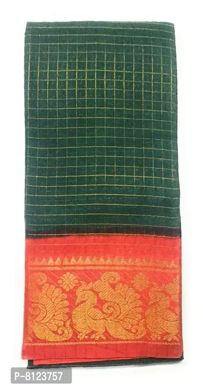 Women's COTTON ZARI CHECKED MADURAI SUNGUDI- ( JJDS-001 , DARK GREEN x ORANGE)-thumb0