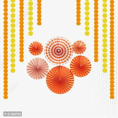 Ganpati Haldi Mehndi Decoration Combo White Net Curtain Cloth Backdrop 6 Piec Paper Fan with Artificial Marigold Flowers Perfect for Ganesh Chaturthi Haldi Mehndi Yellow Orange