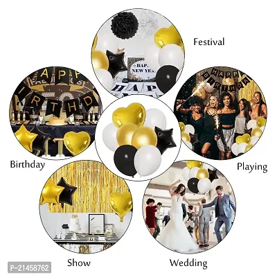 Birthday Decoration Kit 43 Piece Combo 30 Balloons 2 Decorative Curtain Nets 1 Happy Birthday Banner 8 Black White Pom Poms 2 Star Foil Balloons Gold White Black-thumb4