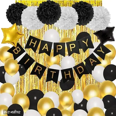 Birthday Decoration Kit 43 Piece Combo 30 Balloons 2 Decorative Curtain Nets 1 Happy Birthday Banner 8 Black White Pom Poms 2 Star Foil Balloons Gold White Black-thumb0