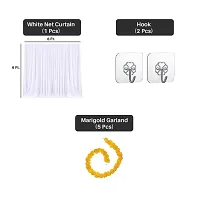 Ganpati Haldi Mehndi Decoration Combo White Net Curtain Cloth Backdrop 6 Piec Paper Fan with Artificial Marigold Flowers Perfect for Ganesh Chaturthi Haldi Mehndi Yellow Orange-thumb2