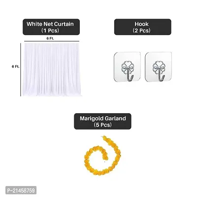 Ganpati Haldi Mehndi Decoration Combo White Net Curtain Cloth Backdrop 6 Piec Paper Fan with Artificial Marigold Flowers Perfect for Ganesh Chaturthi Haldi Mehndi Yellow Orange-thumb3